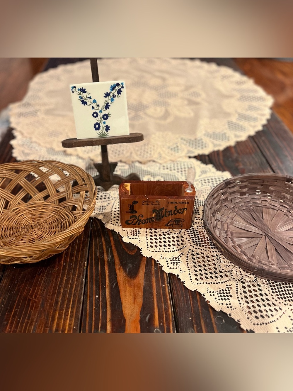 Wooden frame/book holder,Matchbox/notepad box, baskets, doilies Vintage Lot